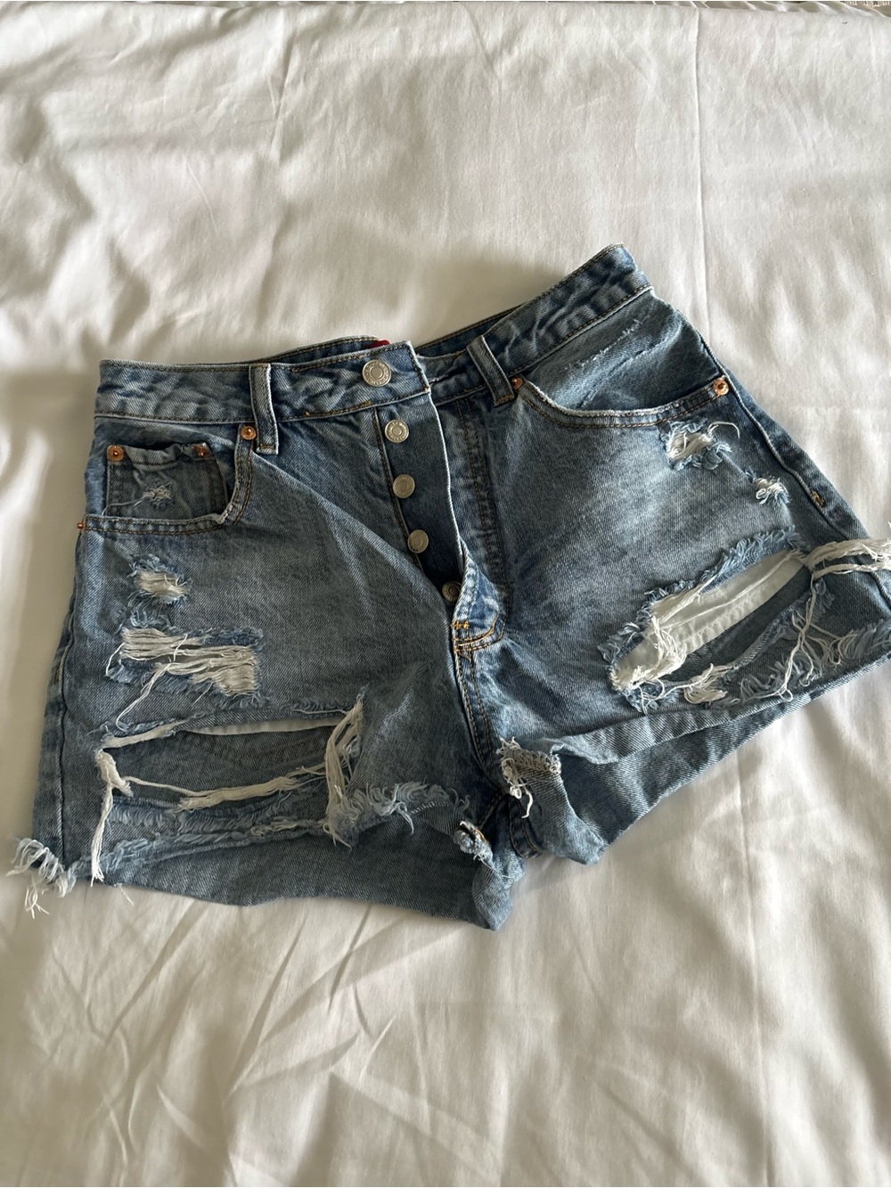 Signature Distressed High-Rise Button-Fly Denim Shorts - Light Blue